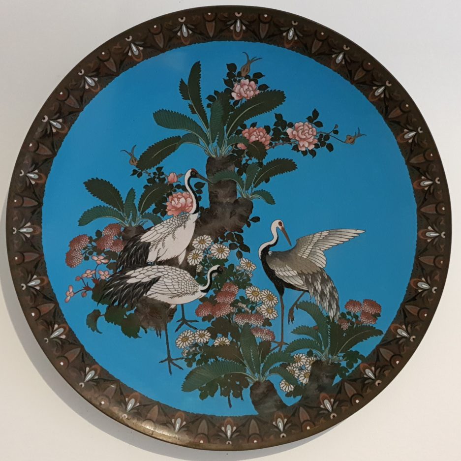 Plat cloisonné japon fleurs et grue japonais