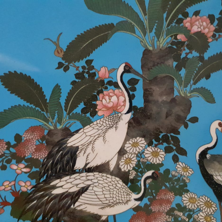 Plat cloisonné japon fleurs et grue japonais