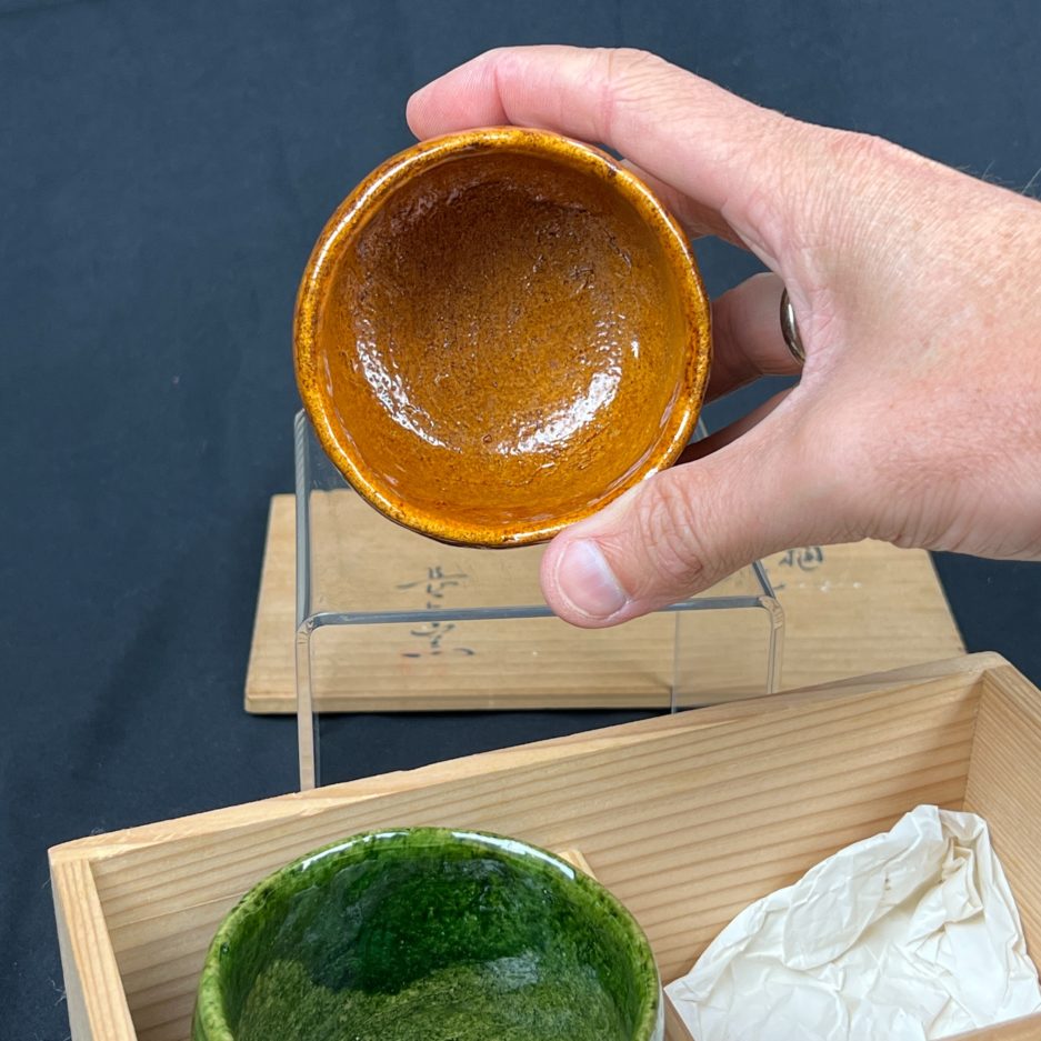 Bol à thé japonais raku vert et orange