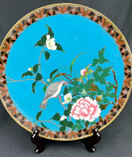 Plat cloisonné japon fleurs, pivoine et oiseau bleu turquoise
