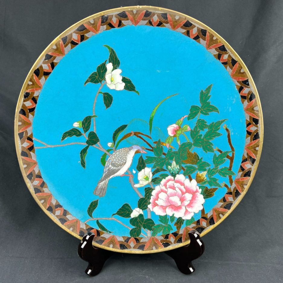 Plat cloisonné japon fleurs, pivoine et oiseau bleu turquoise