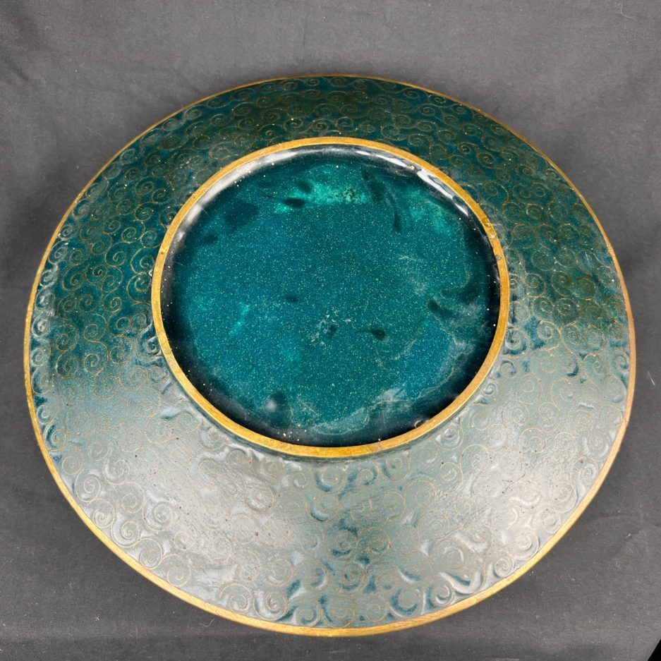 Plat cloisonné japon fleurs, pivoine et oiseau bleu turquoise