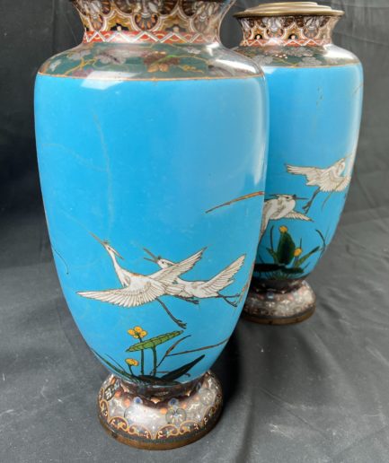 Vases cloisonnés japon fleurs et grues