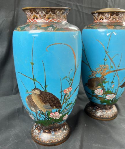 Vases cloisonnés japon fleurs et grues