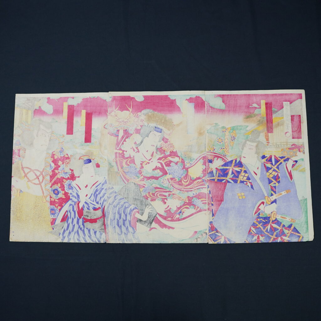 Triptyque de guerre ancien kimono ukiyo-e bushi imprimés japonais sur bois WB