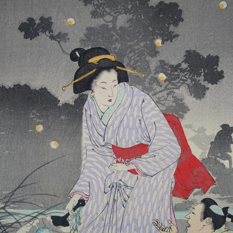 Mizuno Toshikata kimono jaune japonais femme bijinga estampe japonaise chasse aux lucioles