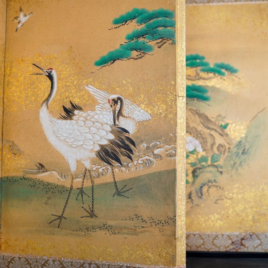 Paravent japonais à décor de grues et d'oiseaux showa XXe s. Luc Hedin