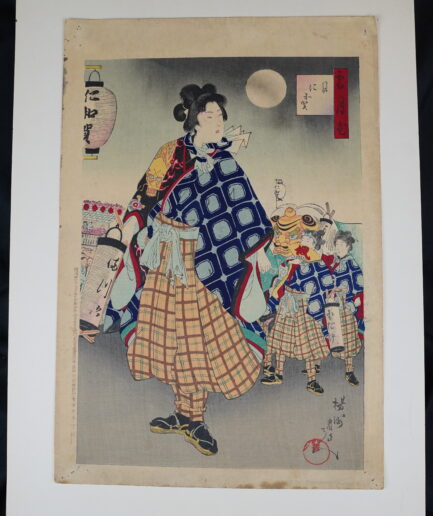 Estampe japonaise par Toyohara Chikanobu représentant un homme tenant une lanterne : Setsugekka "Neige, lune et fleur"- Meiji XIXe s.