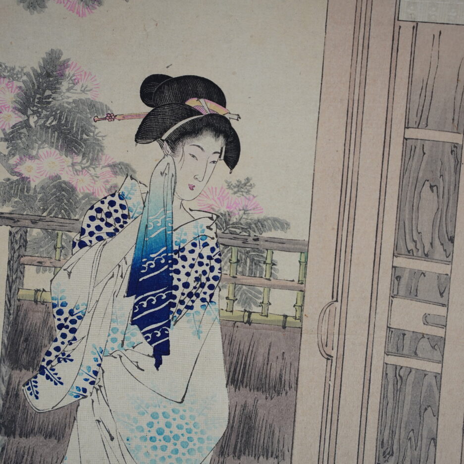 Estampe Toshikata femme Visite du Onsen et chat