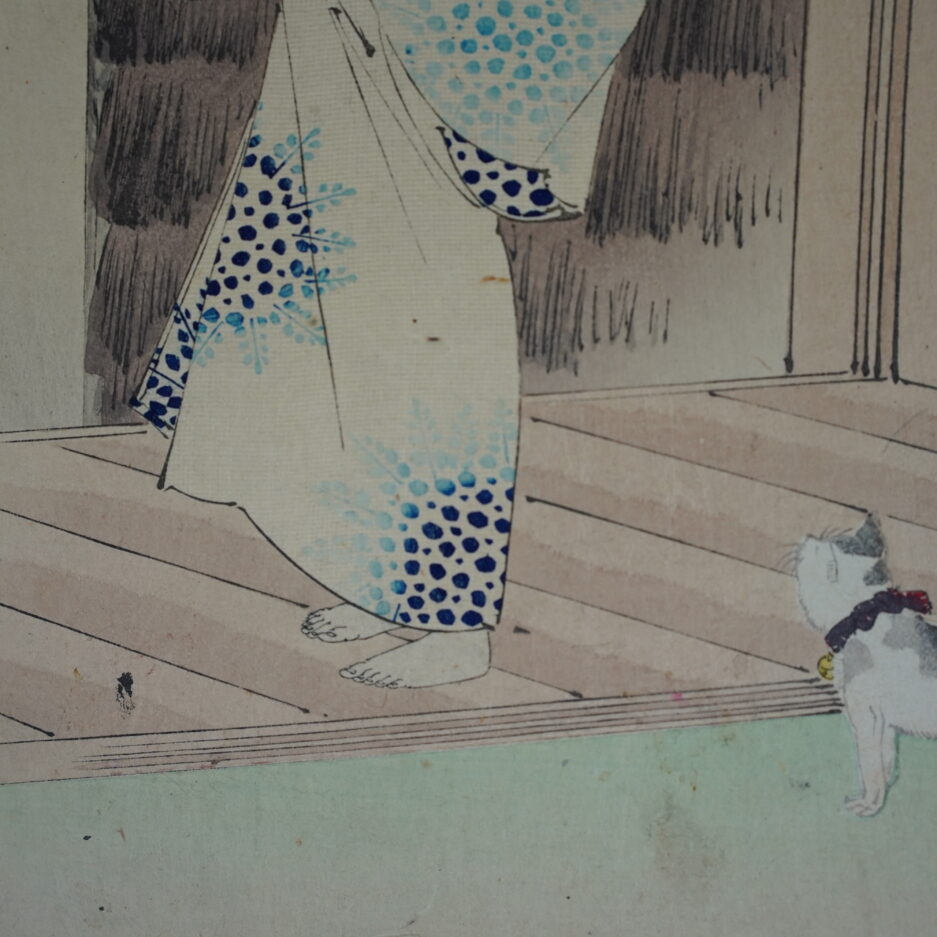 Estampe Toshikata femme Visite du Onsen et chat