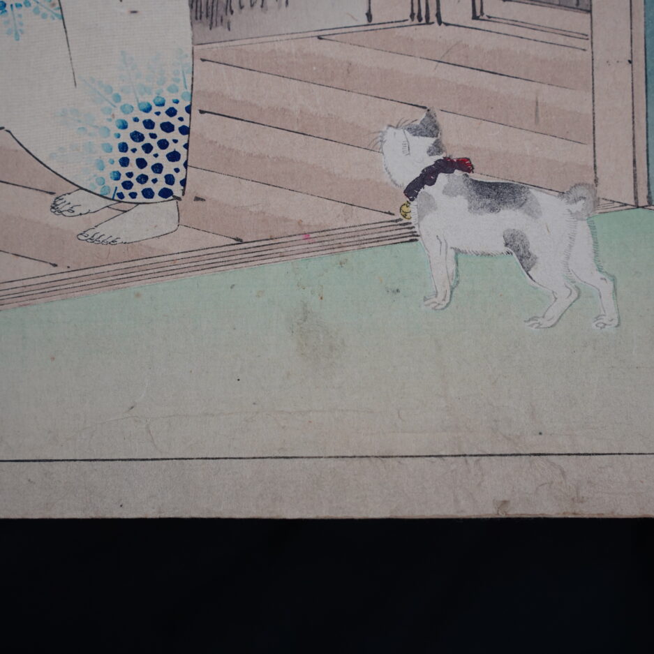 Estampe Toshikata femme Visite du Onsen et chat