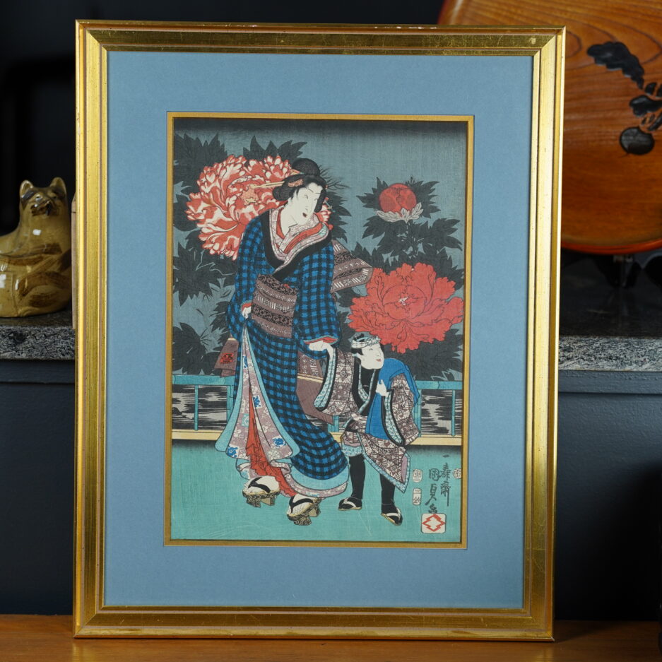 Estampe Kunisada femme et son enfant japon pivoines