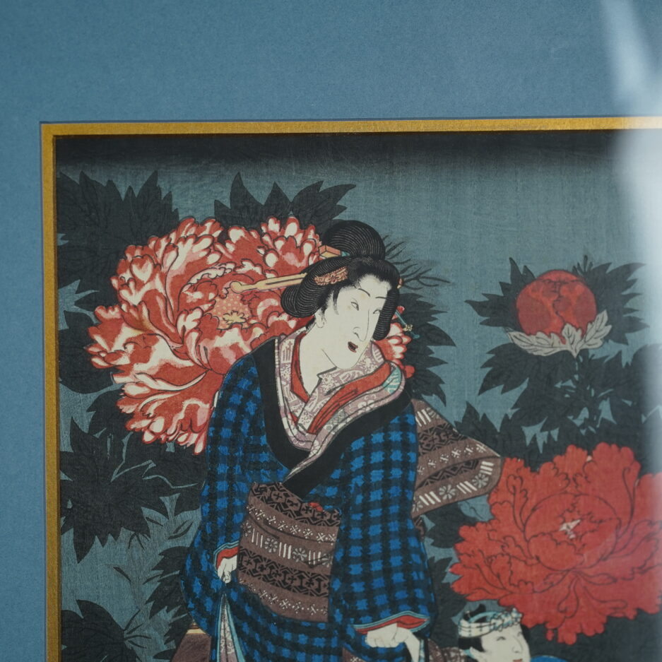 Estampe Kunisada femme et son enfant japon pivoines