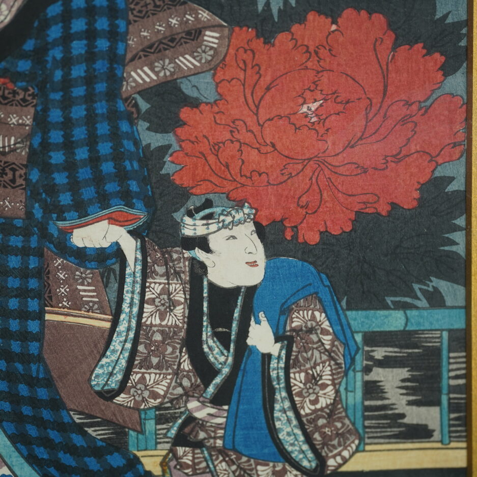 Estampe Kunisada femme et son enfant japon pivoines