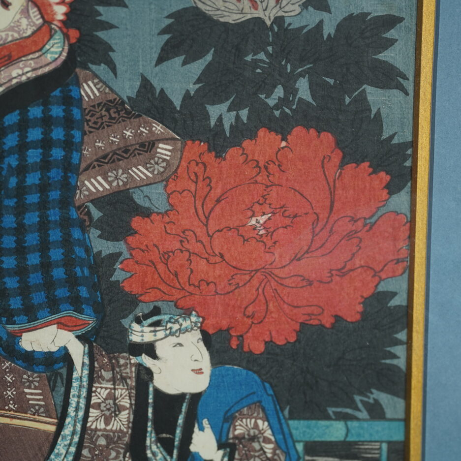Estampe Kunisada femme et son enfant japon pivoines