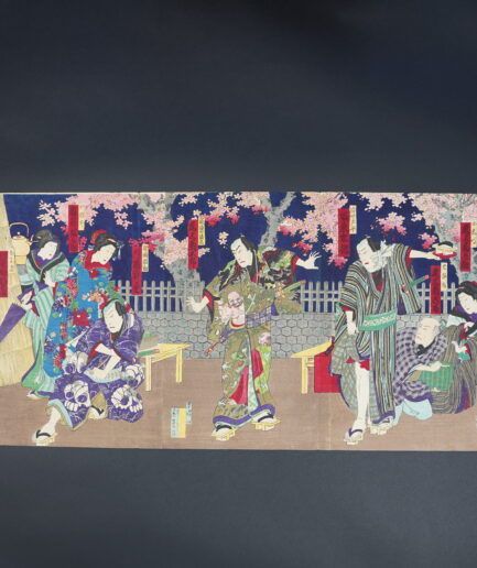 Triptyque d'estampes japonaises de Toyohara Kunichika représentant des acteurs de kabuki - Meiji XIXe s.